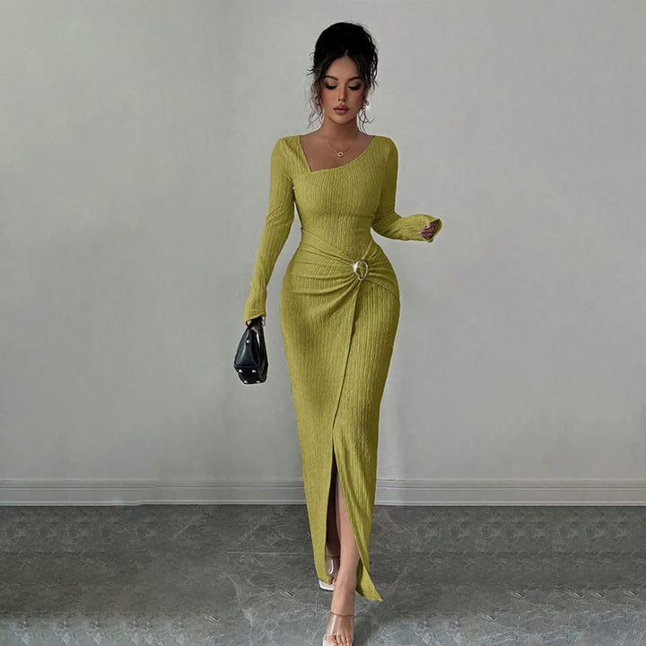 Asymmetrical neckline fitted slit dress