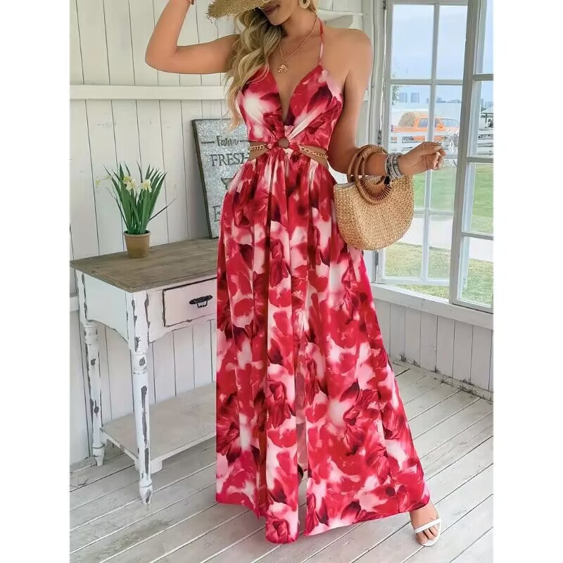 Open-back printed camisole dress with side slit