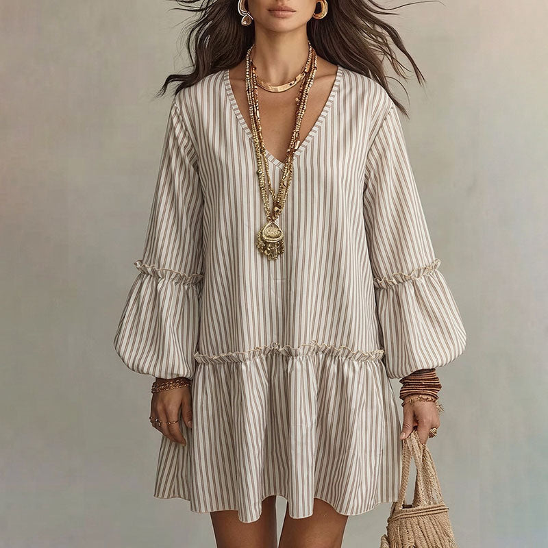 V-neck striped ruffle lantern sleeve dress