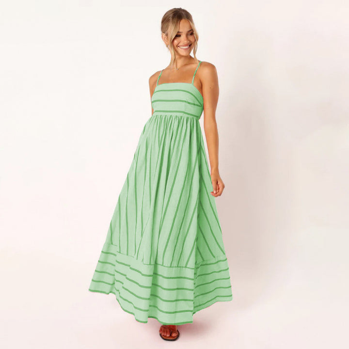 Striped Backless Spaghetti Strap Flowing Maxi Dress