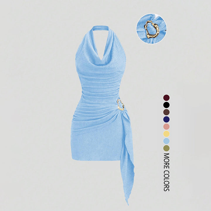 Elegant Solid Color V-Neck Halter Backless Mini Dress
