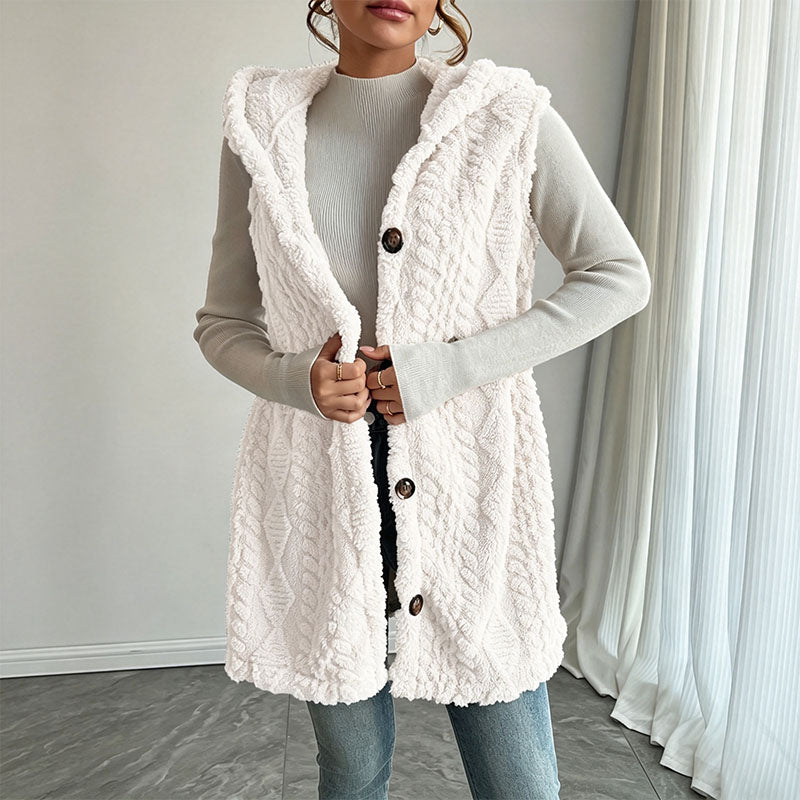 Hooded plush sleeveless jacket