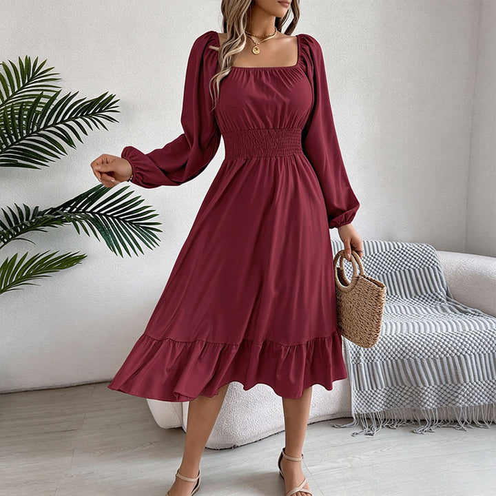 Square neck puff sleeve pleated dress