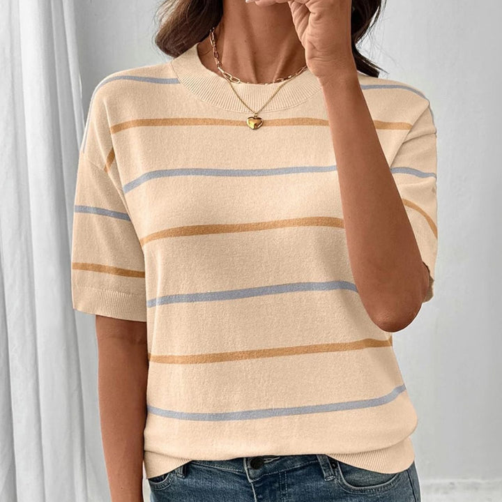 Crew Neck Color Block Stripe Knit Tee