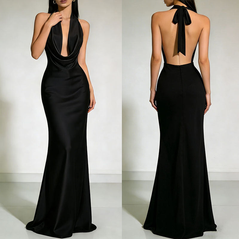 Deep V halter neck draped satin dress