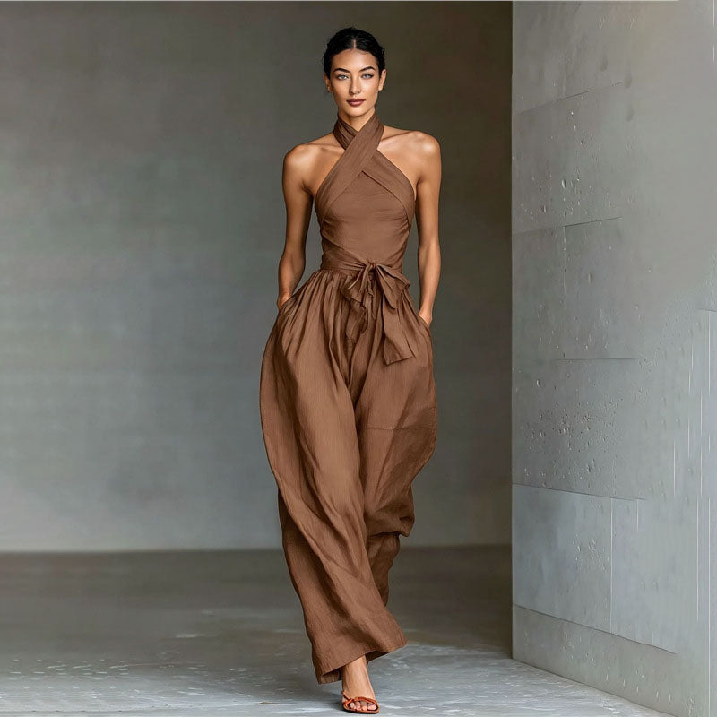 Front crossover halter wide-leg jumpsuit
