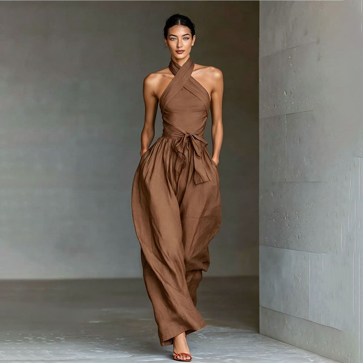 Front crossover halter wide-leg jumpsuit
