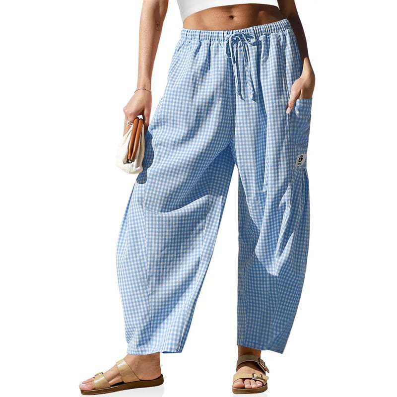 Linen Plaid Wide Leg Casual Pants