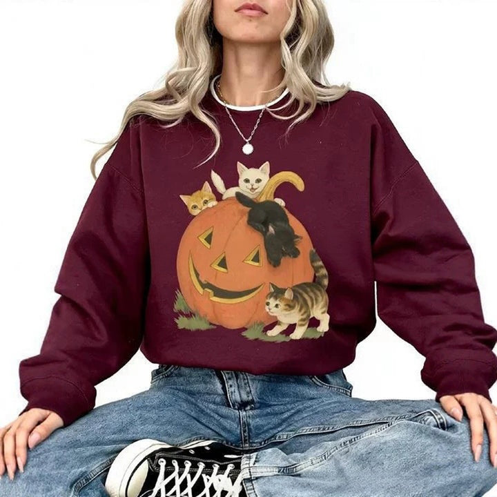 Vintage Halloween Cat Print Crewneck Sweatshirt