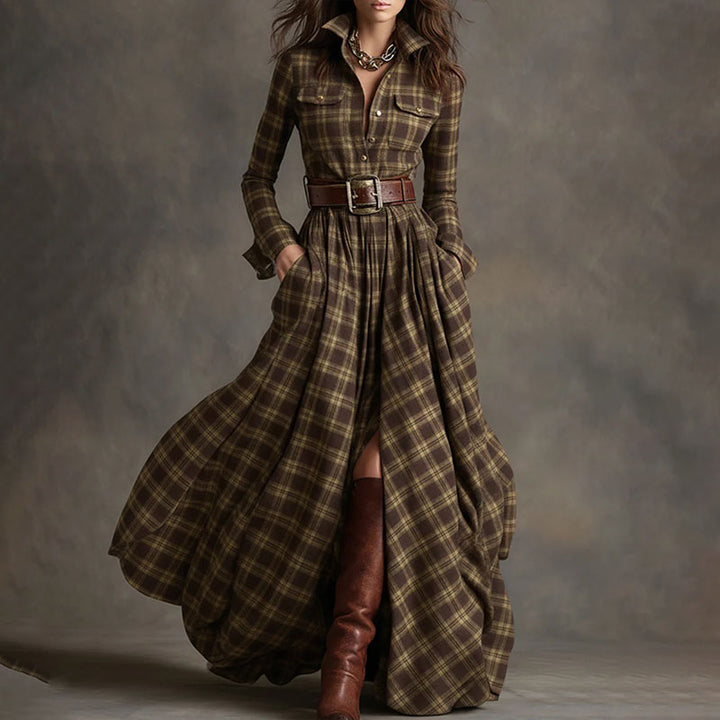 Vintage-style plaid long-sleeve dress