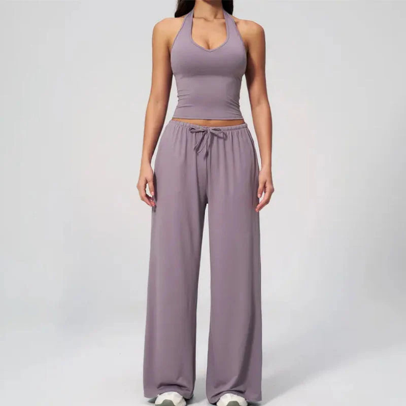Halter-neck sleeveless cropped top and drawstring wide-leg pants set