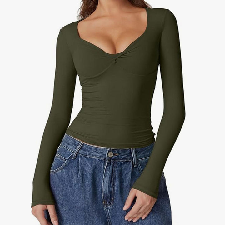 Sweetheart-neck ruched long-sleeve fitted top
