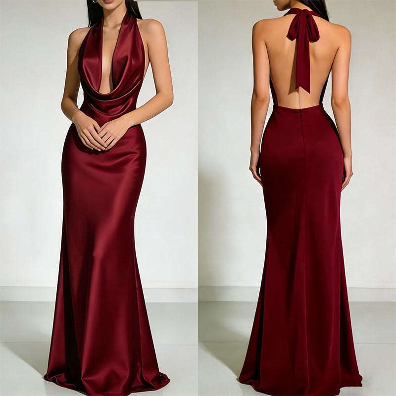 Deep V halter neck draped satin dress