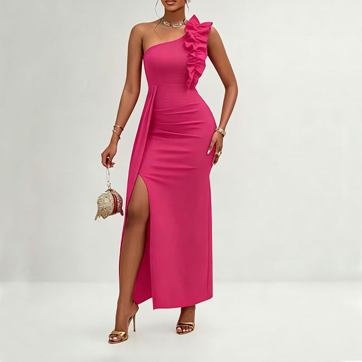 One-shoulder ruffled high slit dress