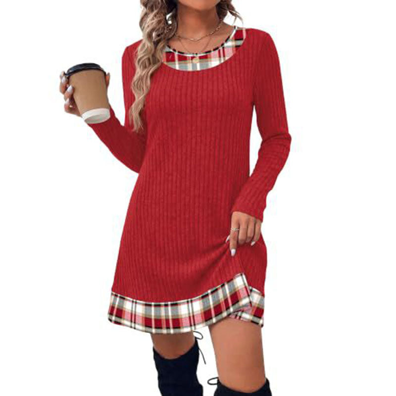 Plaid patchwork ribbed long-sleeved dress