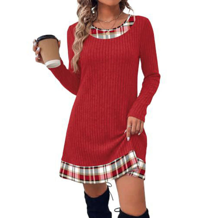 Plaid patchwork ribbed long-sleeved dress