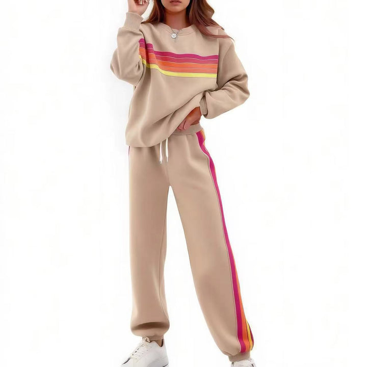 Crew Neck Color Stripe Sweatshirt Jogger Set