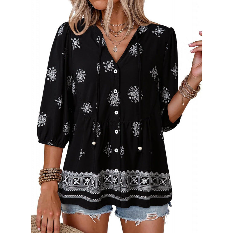 Floral V Neck Button Down Tunic Blouse