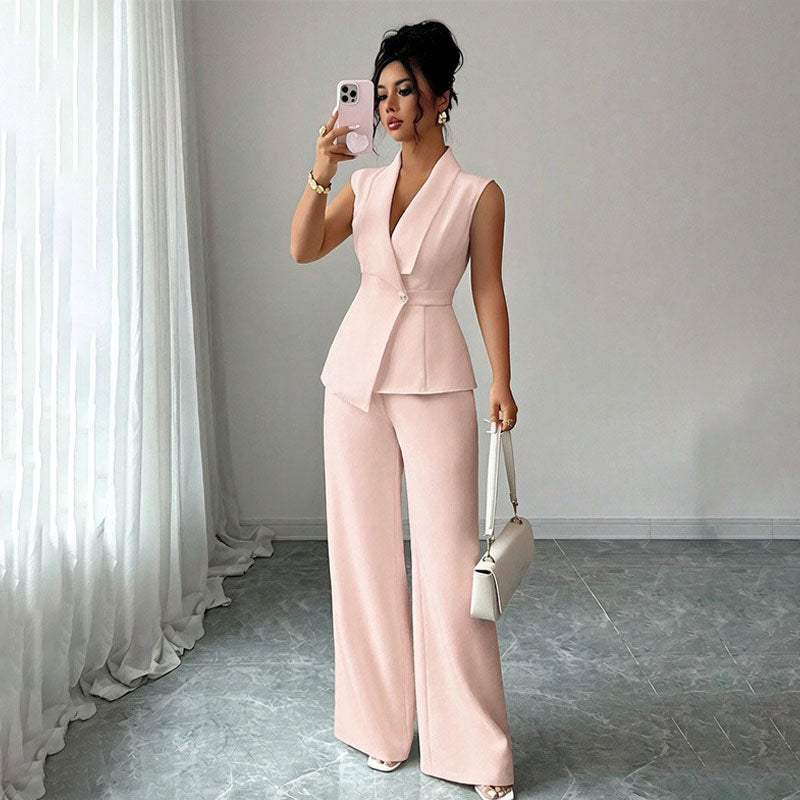Sleeveless suit vest and wide-leg trousers set