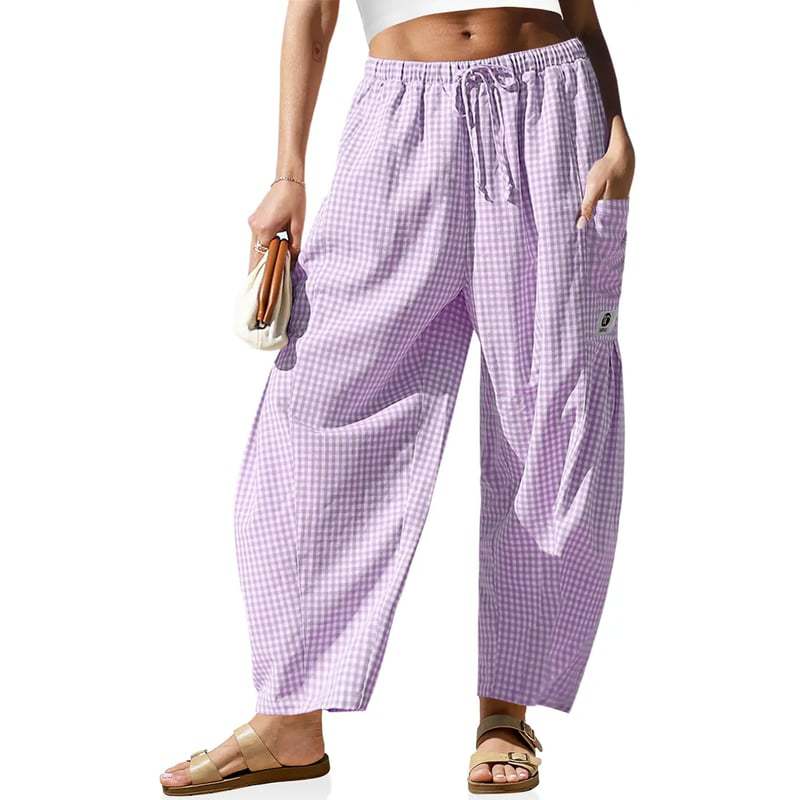 Linen Plaid Wide Leg Casual Pants