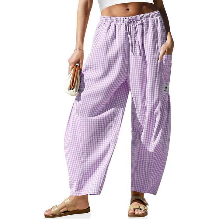 Linen Plaid Wide Leg Casual Pants