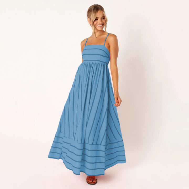 Striped Backless Spaghetti Strap Flowing Maxi Dress