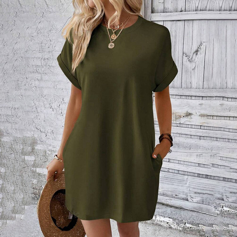 Casual Solid Color Batwing Sleeve Pocket Dress