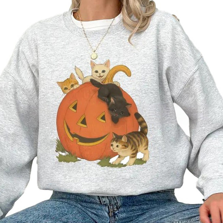 Vintage Halloween Cat Print Crewneck Sweatshirt
