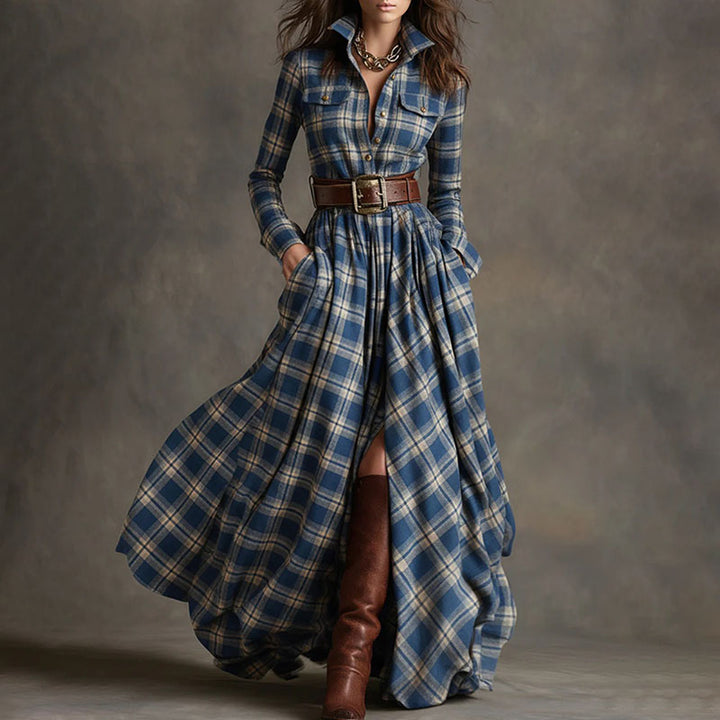 Vintage-style plaid long-sleeve dress
