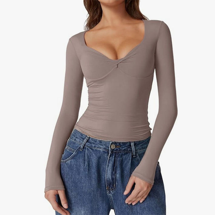 Sweetheart-neck ruched long-sleeve fitted top