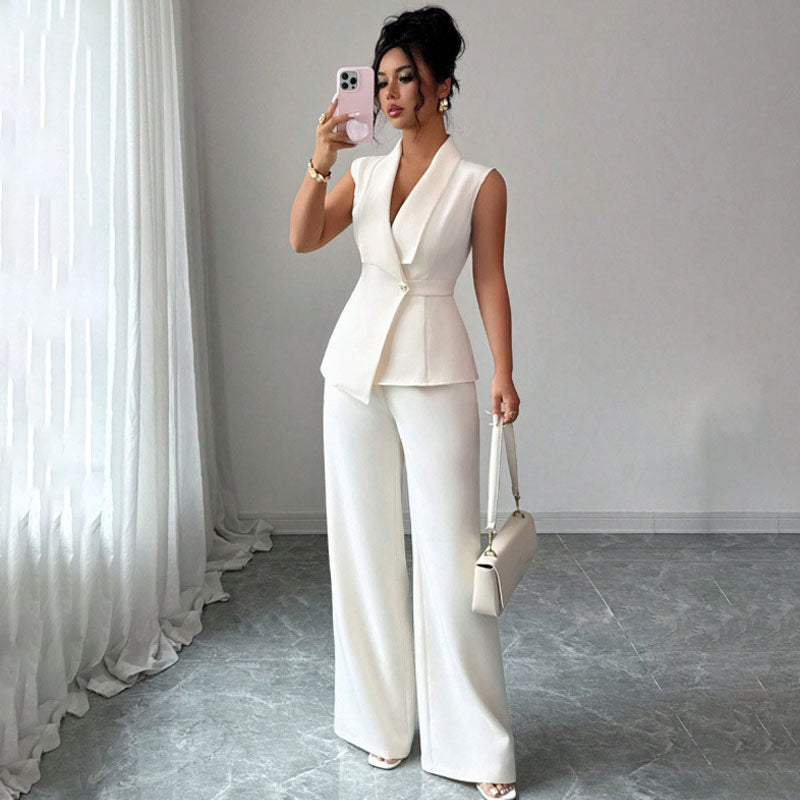 Sleeveless suit vest and wide-leg trousers set