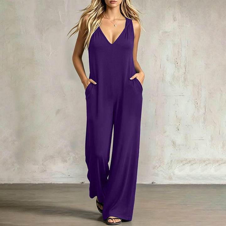 Solid-color V-neck hooded jumpsuit
