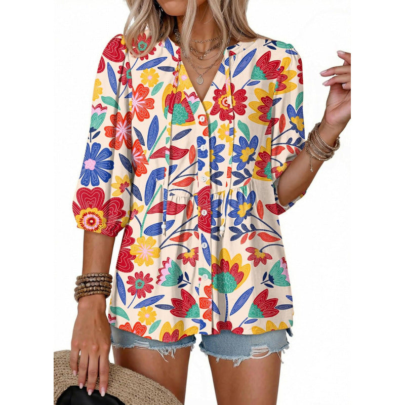 Floral V Neck Button Down Tunic Blouse