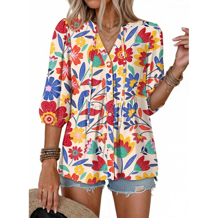 Floral V Neck Button Down Tunic Blouse