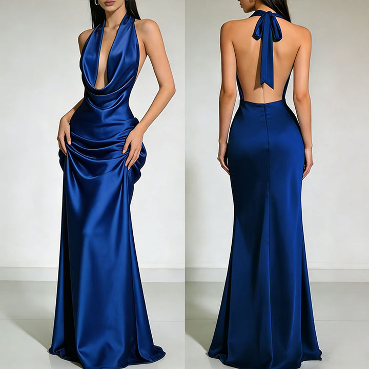 Deep V halter neck draped satin dress