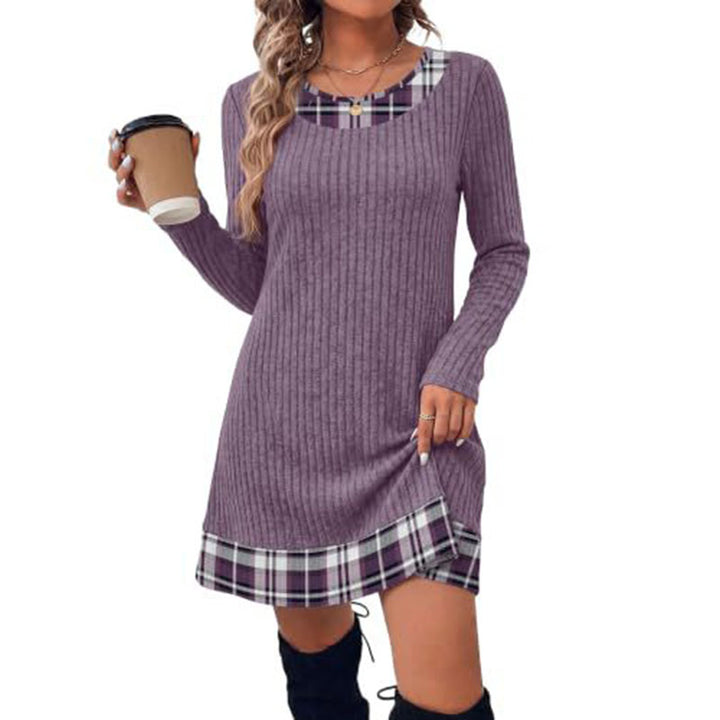 Plaid patchwork ribbed long-sleeved dress