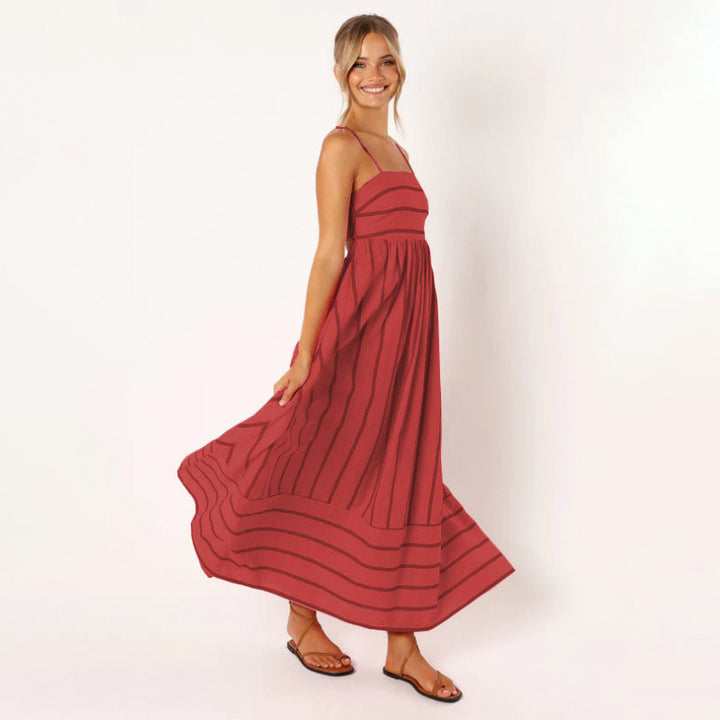Striped Backless Spaghetti Strap Flowing Maxi Dress