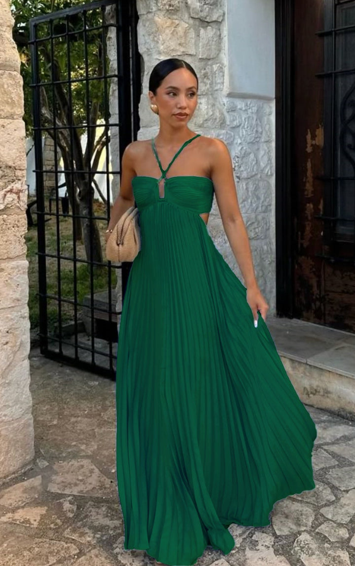 Ladies Back Tie Halter Pleated Beach Sundress
