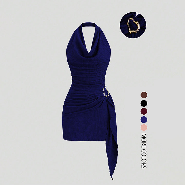 Elegant Solid Color V-Neck Halter Backless Mini Dress