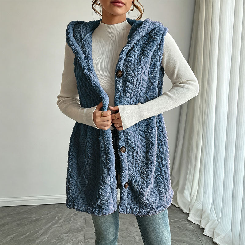 Hooded plush sleeveless jacket