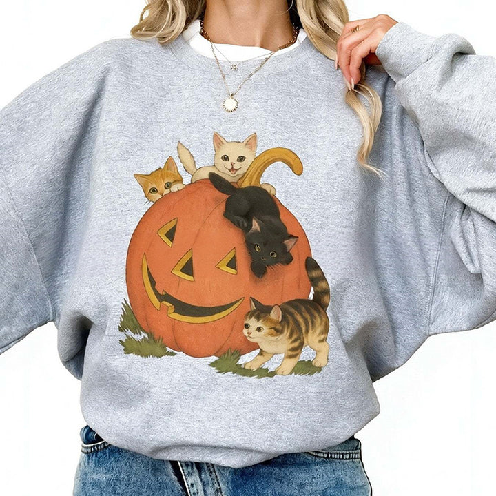 Vintage Halloween Cat Print Crewneck Sweatshirt