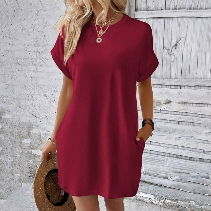 Casual Solid Color Batwing Sleeve Pocket Dress