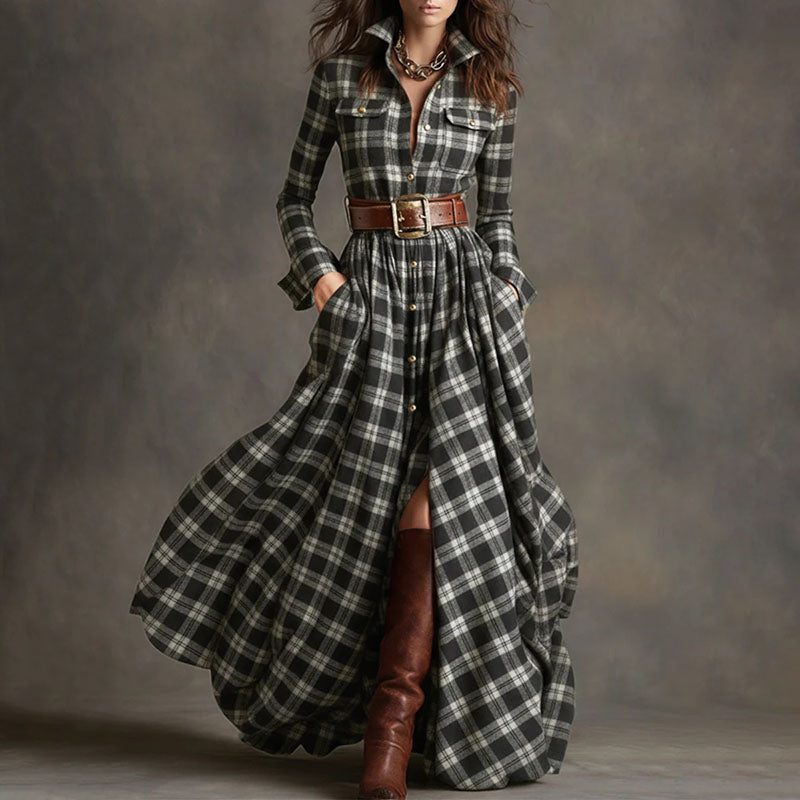 Vintage-style plaid long-sleeve dress