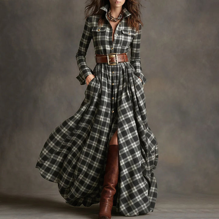 Vintage-style plaid long-sleeve dress