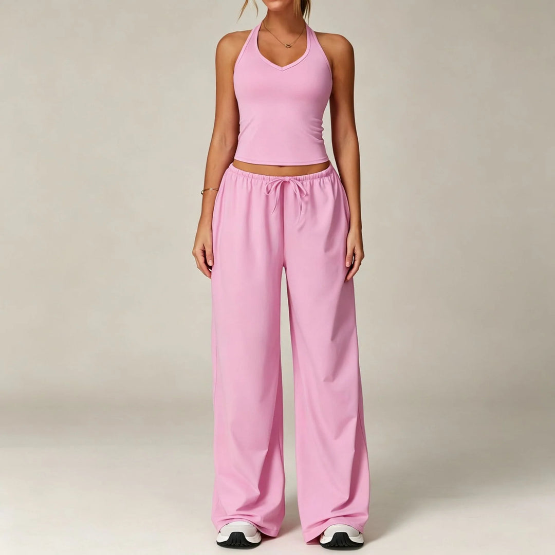 Halter-neck sleeveless cropped top and drawstring wide-leg pants set