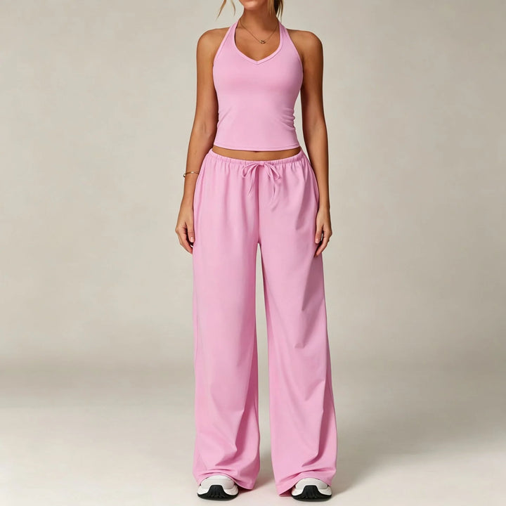 Halter-neck sleeveless cropped top and drawstring wide-leg pants set