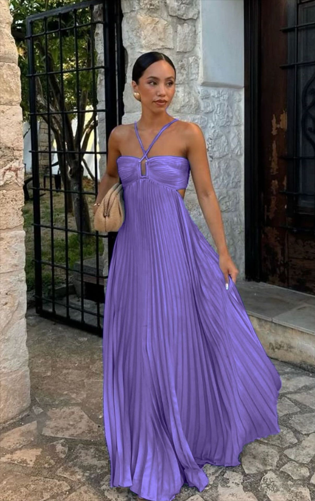 Ladies Back Tie Halter Pleated Beach Sundress