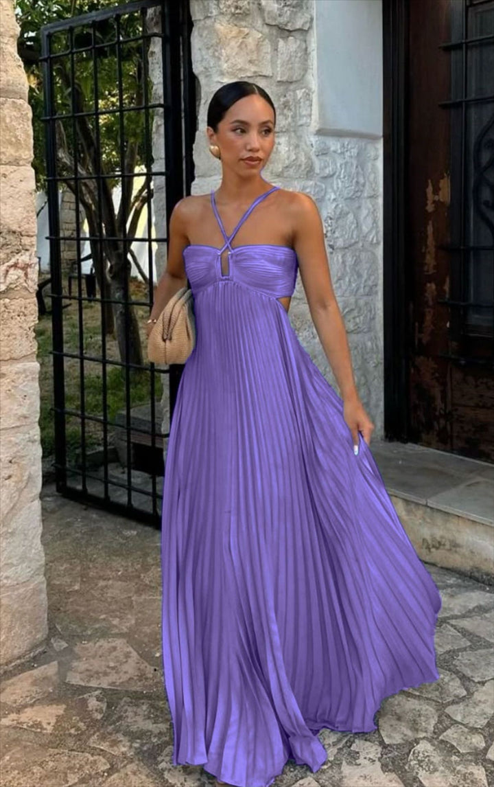 Ladies Back Tie Halter Pleated Beach Sundress