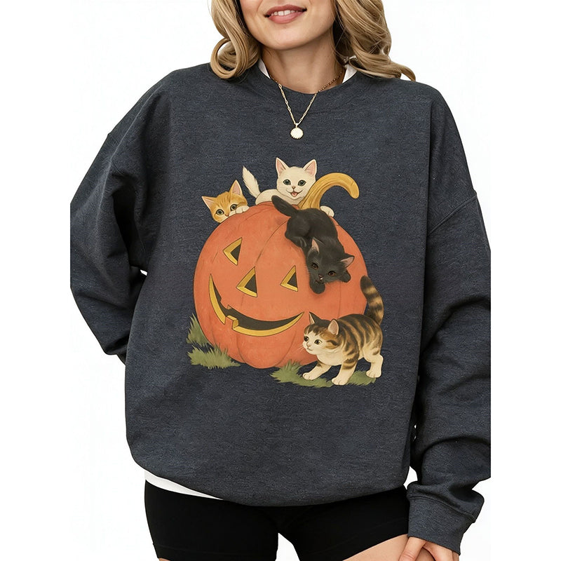 Vintage Halloween Cat Print Crewneck Sweatshirt