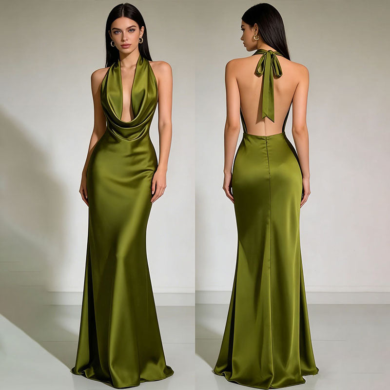Deep V halter neck draped satin dress